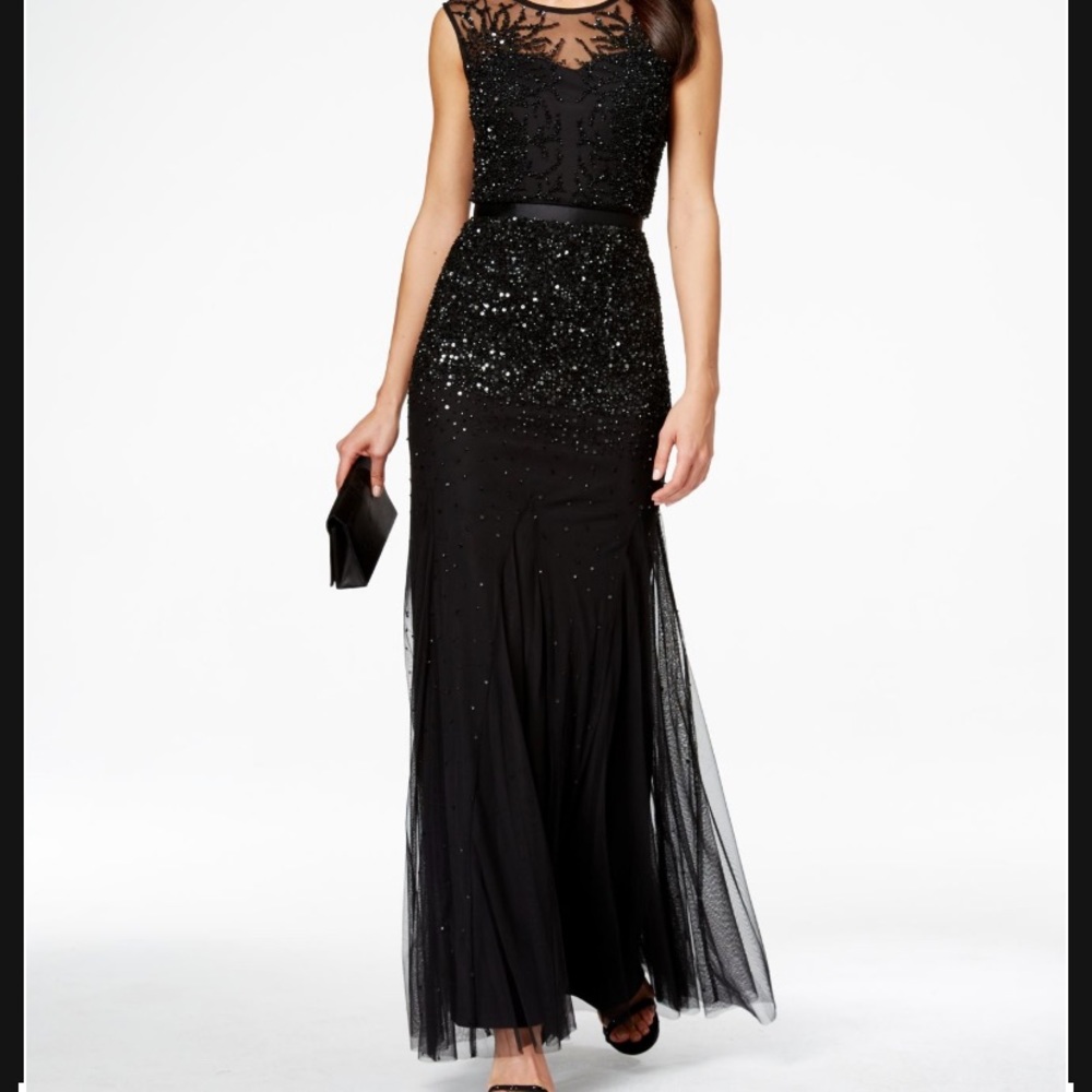 adrianna papell black beaded sequence gown